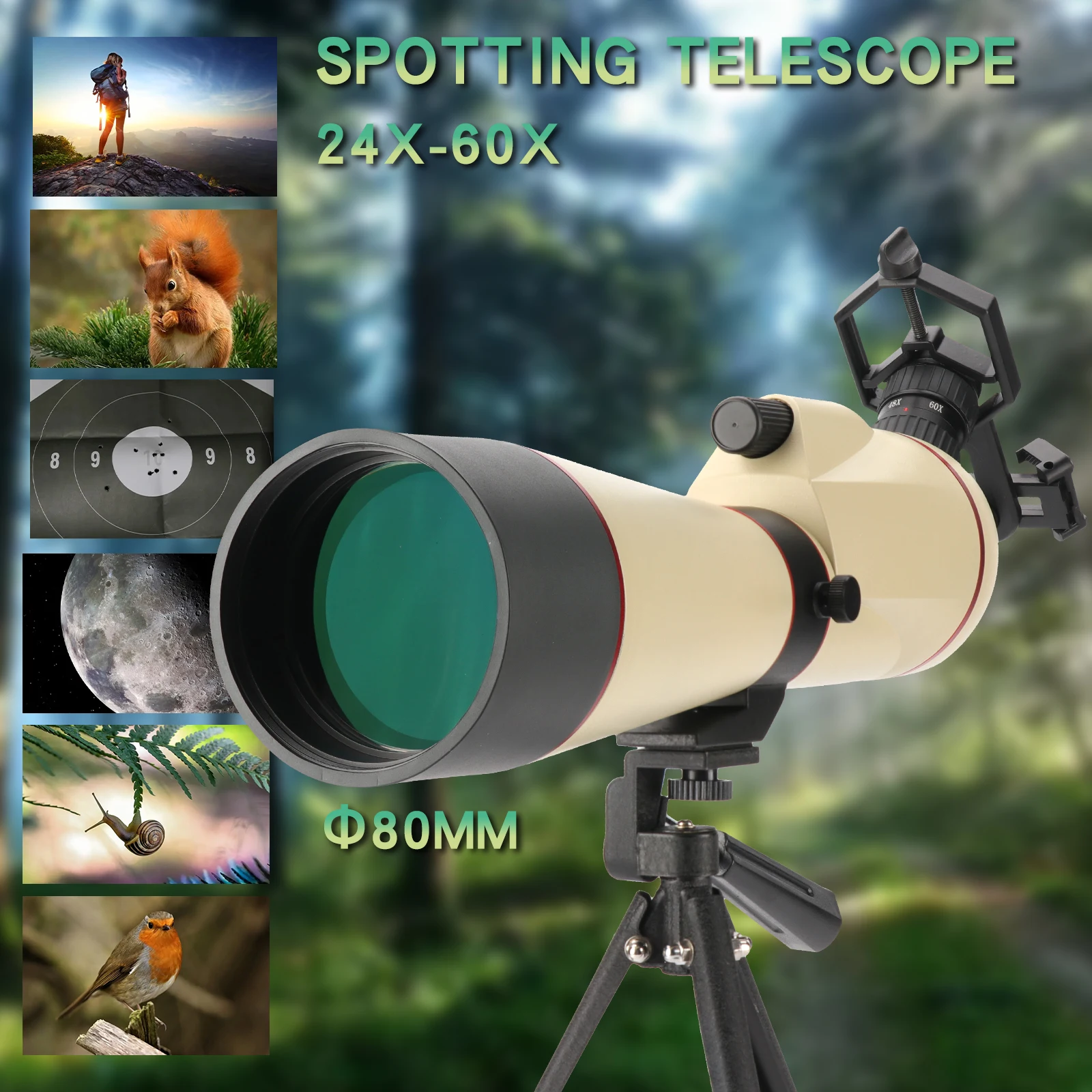 

HANNIA 24-60x80 Beige Spotting Scope Telescope Monocular Premium Optical System W/Tripod&Phone Holder Camping Hunting Equipment