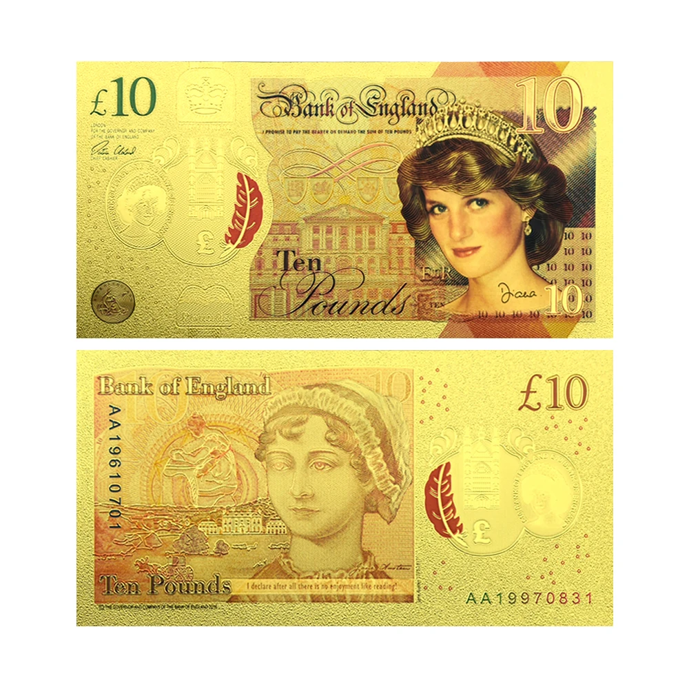 

10 Pounds Diana Spencer Colorful Gold Plated Banknotes 10pcs/lot Non Circulation Royal Gold Banknotes Fans Memorial Collection