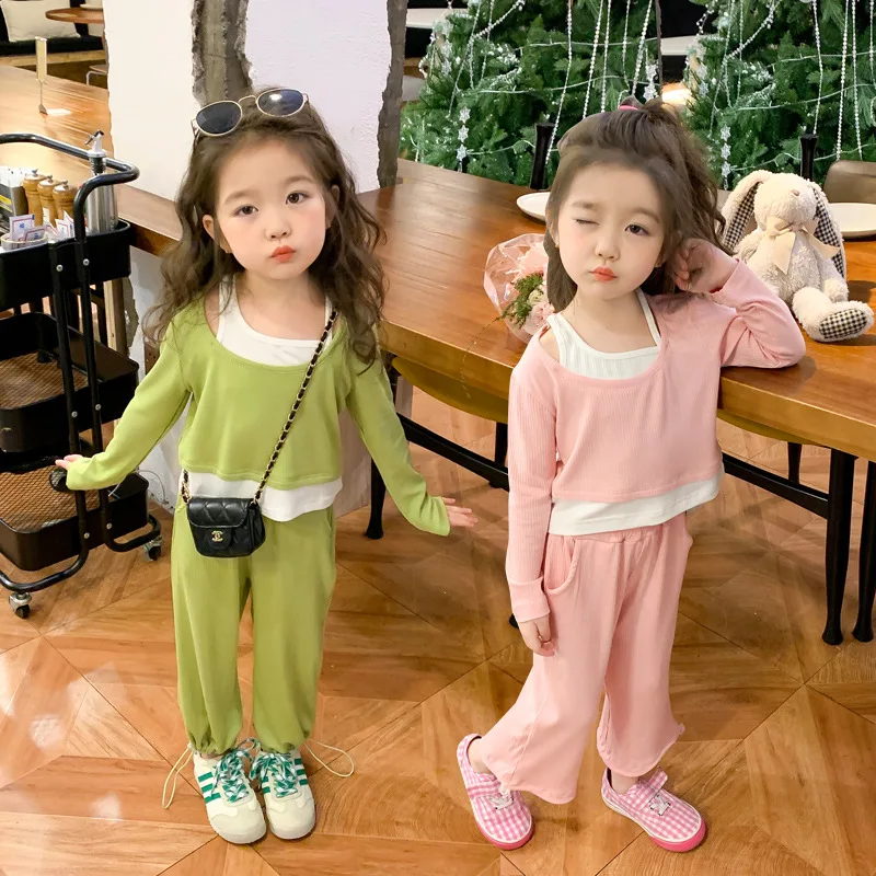 

Новинка весна-осень 2023, детская одежда, подтяжки с круглым вырезом для девочек, костюм из двух предметов с длинными рукавами и широкими штанинами