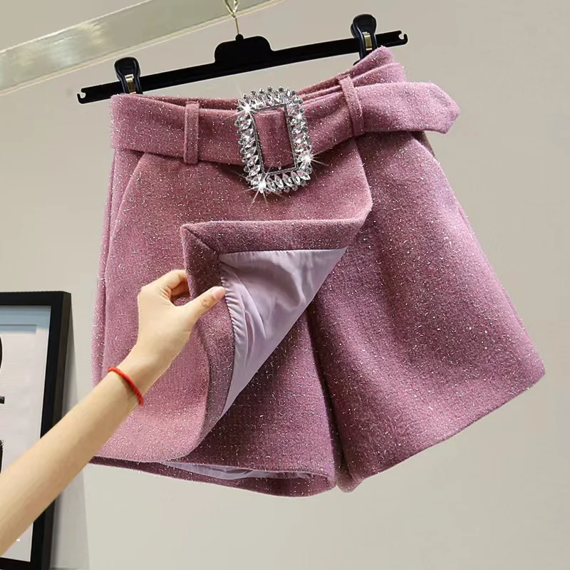 Retro Small Fragrance Wide Leg Wool Shorts Women Winter High Waist Bright Silk A-line With Belt