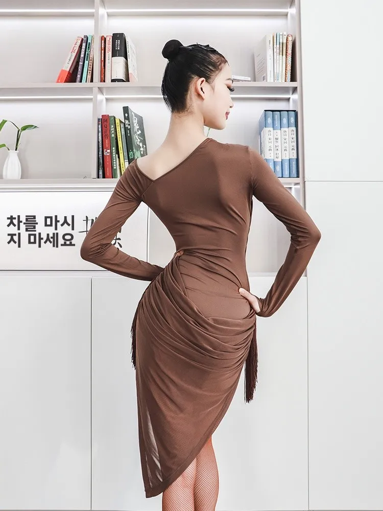 See Fanyu Daily Latin Exercise Clothing Long sleeve dress Autumn and Winter Dance Clothes Wine Red Coffee Color Adl20 |