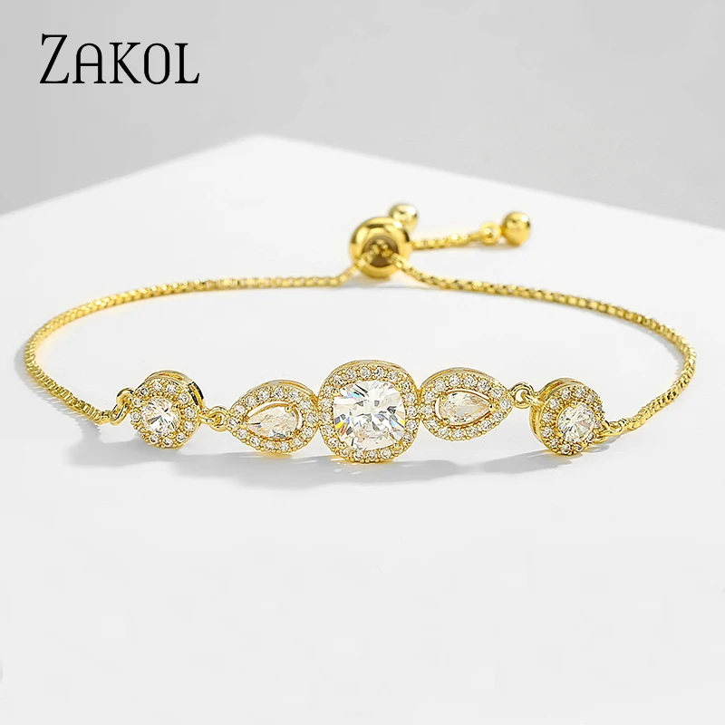 

ZAKOL Luxury Water Drop Squre Cubic Zirconia Crystal Adjustable Bracele & Bangle for Women Fashion Bridal CZ Wedding Jewelry