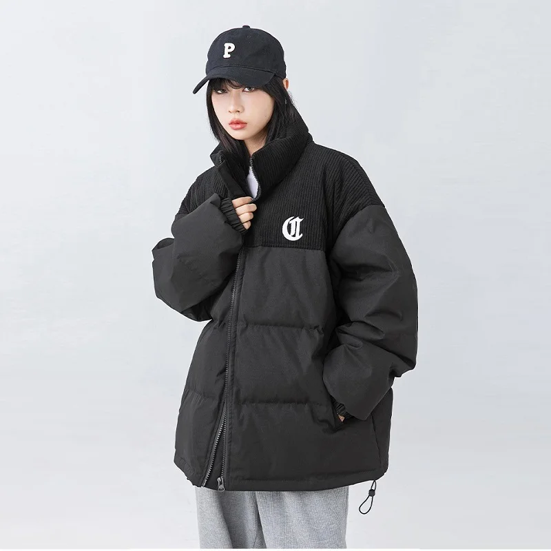 Japanese Fashion Corduroy Patchwork Warm Jacket Men Embroidery Thickened Bread Jacket Stand Collar Loose Sports Jackets Parkas