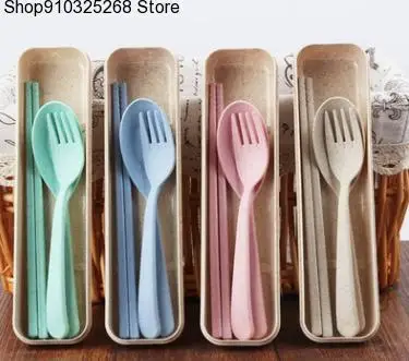 

3PCS/Set Wheat Cutlery With Box Straw Portable Travel Dinner Sets For Students Kithen Tableware Dining Appliance Set