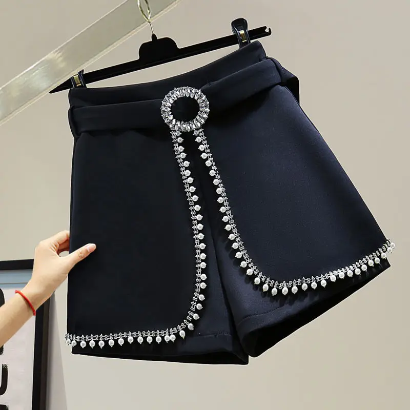 

Heavy Industry Beaded Diamond Suit Shorts Women Summer Fashion White High Waist Wide Leg Short Pants Ladies Casual Bottoms Q306