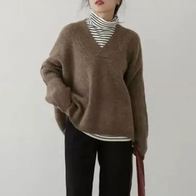 

Korean V Neck Batwing Sleeve Irregular Split Hem Autumn Pullover Knitwear Casual Loose Vintage Beige Green Brown Knitted Sweater