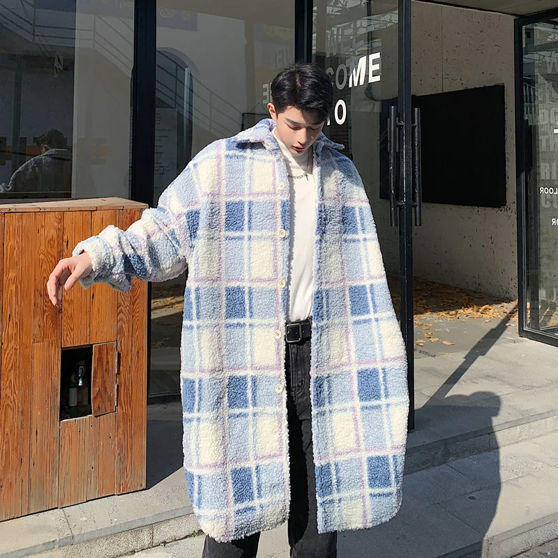 Lamb Wool Trench Coat Men Fashion Casual Oversized Long Coat Men Korean Loose Plaid Windbreaker Jacket Mens Overcoat M-XL