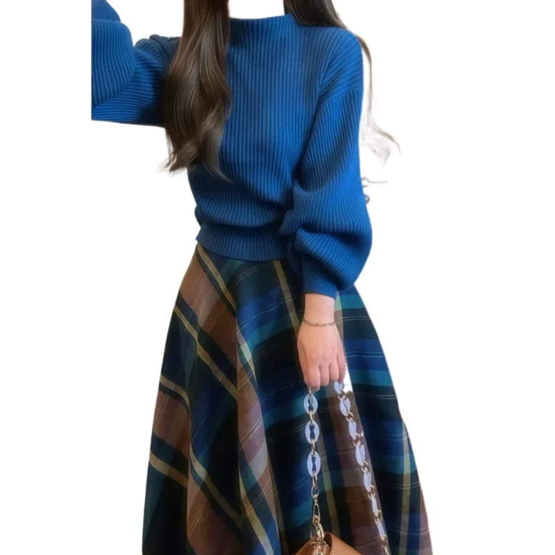 Осенне-зимний новый французский ретро синий вязаный свитер с полуводолазкой +