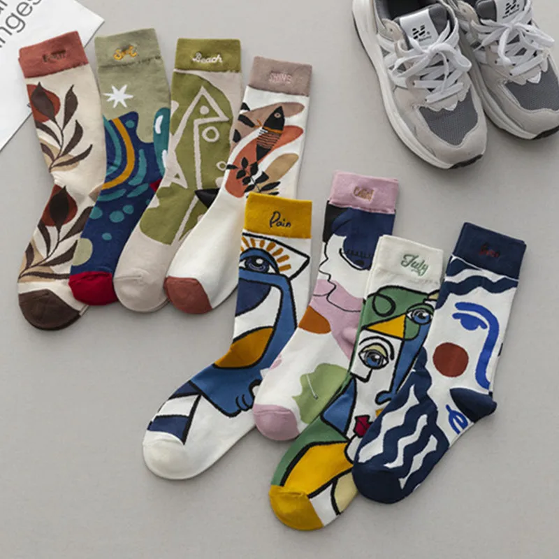 

Trendy Couple Socks Oil Painting Abstraction Stockings Tide Socks Couple Embroidery Long Tube Cotton Socks Women's Gifts Socks