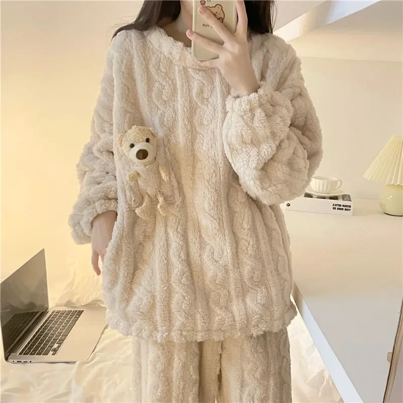 New coral velvet pajamas women's autumn and winter ins style cute sweet flannel loungewear set