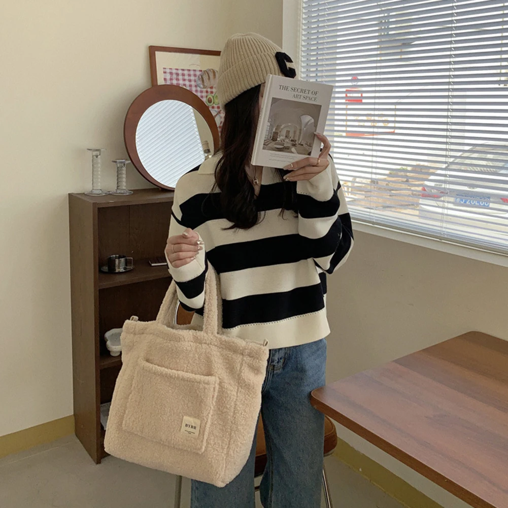 Зимняя фланелевая сумка-тоут женская мягкая плюшевая сумка на плечо большая