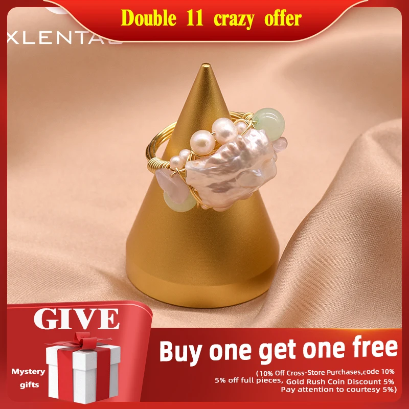 

XlentAg Original Design Natural Pink Baroque Pearl Green Stone Rings For Women Girl Daughter Adjustable Jewelry For Party GR0233