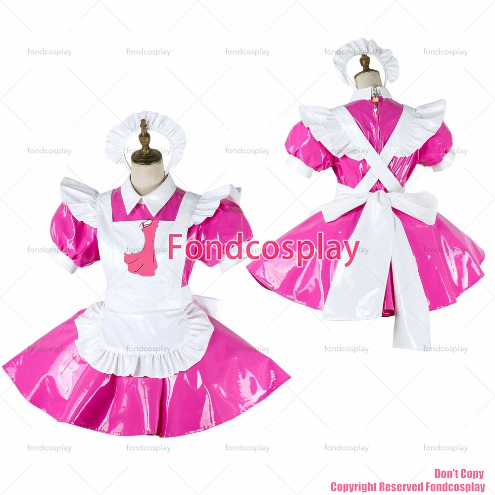 

tailor-made sexy adult dressing cross maid sissy lockable hot pink thin pvc dress vinyl uniform white apron tv/cd[g2008]