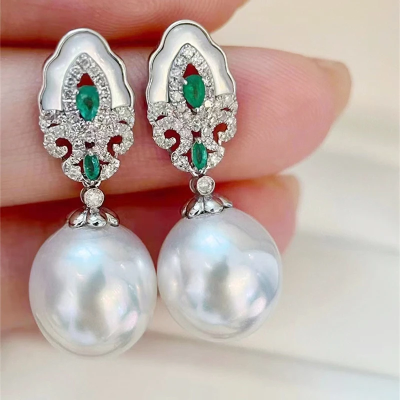 

MeiBaPJ 10-11mm Natural Rice Pearls Emerald Fashion Drop Earrings 925 Silver Fine Wedding Jewelry for Women