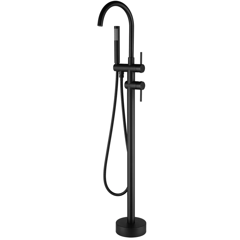 

Uble-Handle Freestanding Floor Mount Roman Tub Faucet Bathtub Filler with Hand Shower In Matte Black Matte Black