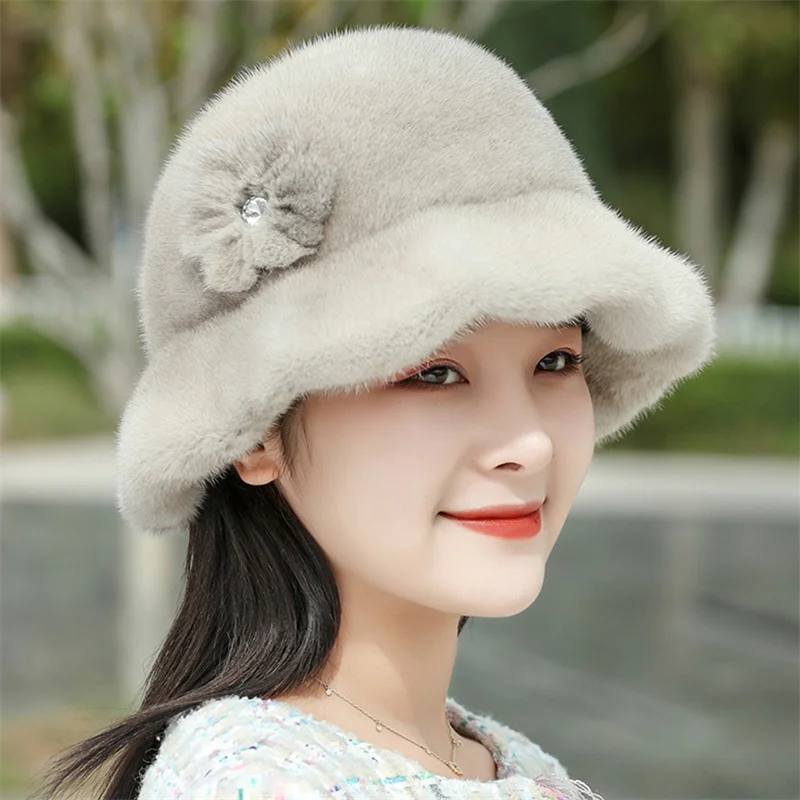 Mink Fur Bucket Hat 2022 New Women's Winter Warm Fur Hat Ruffle Top Hat Thickened Outdoor Fisherman's Hat Girl's Hat