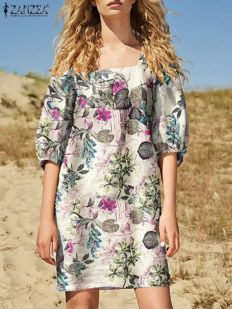 

ZANZEA 2022 Summer Women Vintage Square Neck 3/4 Sleeve Party Mini Sundress Bohemian Floral Printed Dress Beach Vestidos Robes