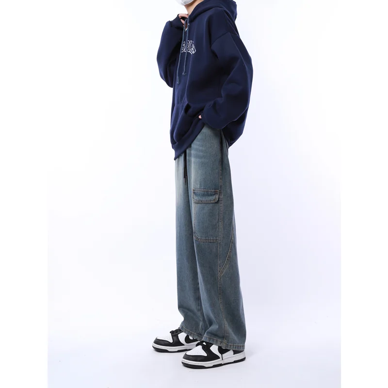 Streetwear Men Vintage Falling Feeling Loose Broad Leg Blue Jeans 2022 Autumn and Winter New Pattern Mopping Cargo Pants Female