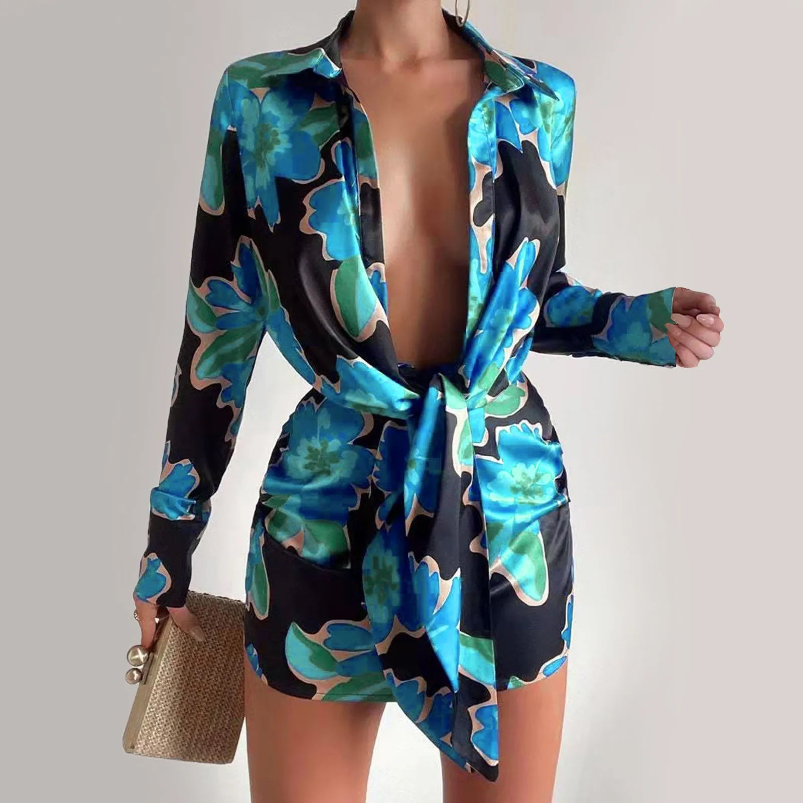

Women's Sexy Digital Printed Button Down Long Sleeved Blouse Dress Lost Ink Dresses