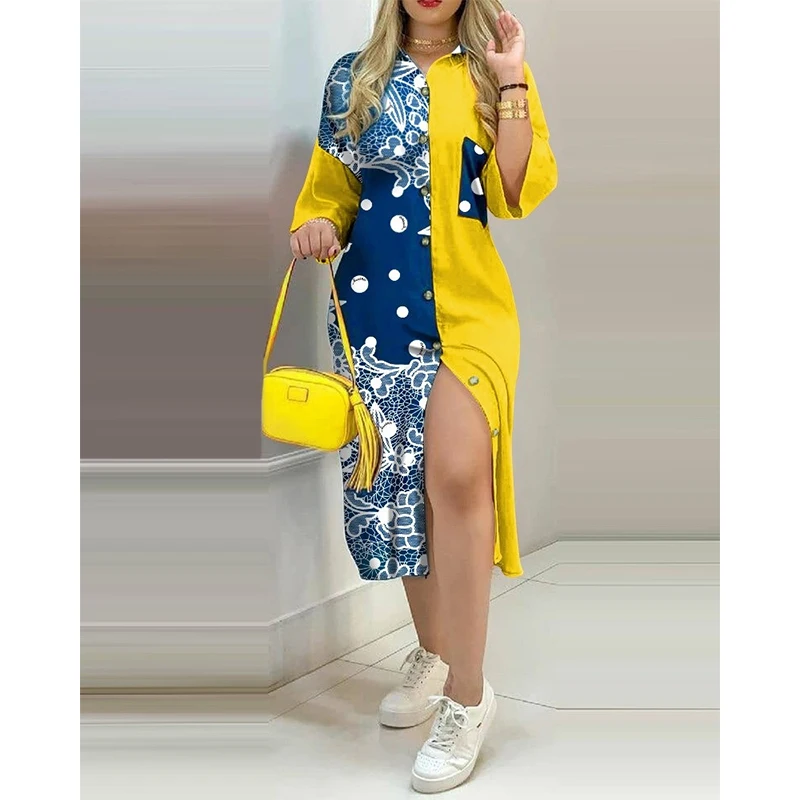

Office Ladies Spring Elegant Temperament Shirt Long Dresses Women Sexy V Neck OL Lapel Solid Robe Fall Stitching Printing Dress