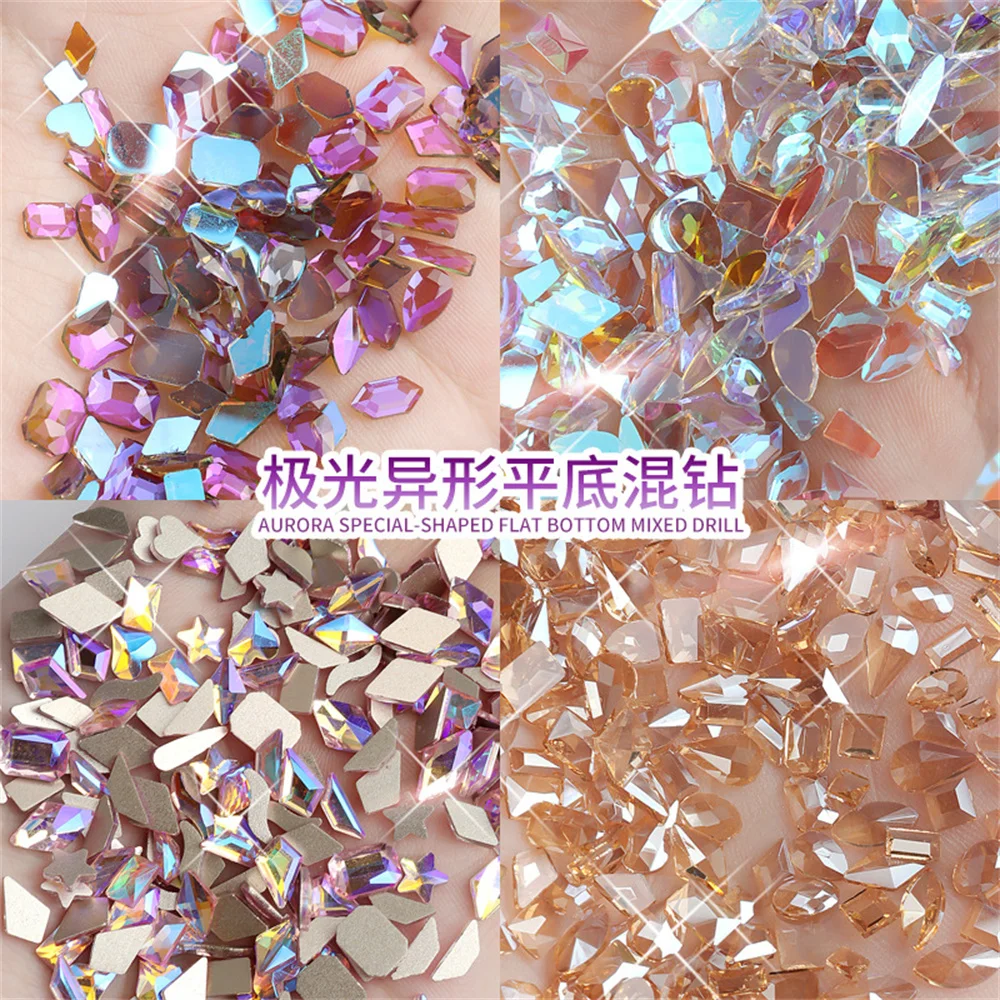 

100pcs Aurora Diamond Nail Rhinestone Flat-Back Crystal Manicure Charms Iridescence Mix Shape Jewelry Nail Art Decorations JSK-8