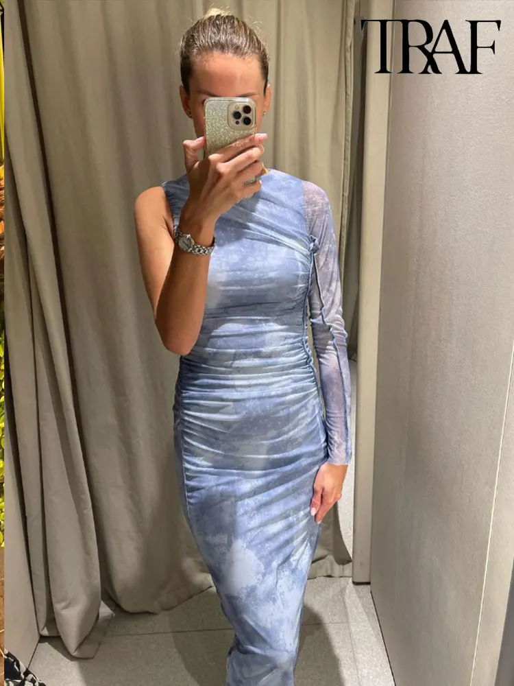 

Осень 2023, женские сетчатые платья TRAF, асимметричное облегающее платье с длинным рукавом, женские платья с открытыми плечами, элегантное платье средней длины