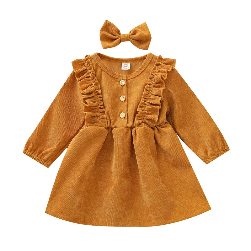 

Pudcoco 2Pcs 6M-5Y Spring Autumn Infant Baby Girls Dress Headband Solid Ruffles Long Sleeve Bowknot Button A-Line Sundress