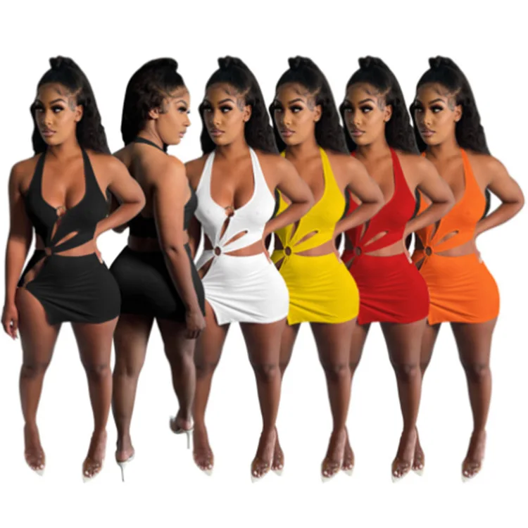 

Women's Milk Silk Solid Color Short Skirt Sexy Sleeveless Hollow Dress