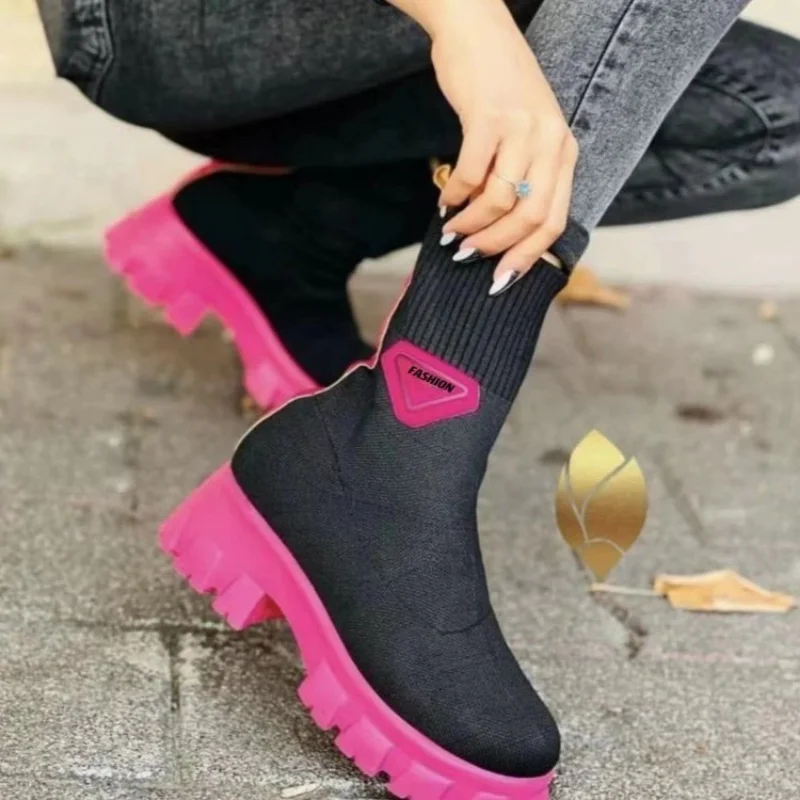 

Booties Women Winter 2023 New Knitted Net Red Platform Elastic Cloth Shoes Casual Breathable Non-Slip Short Chunky Biker Boots