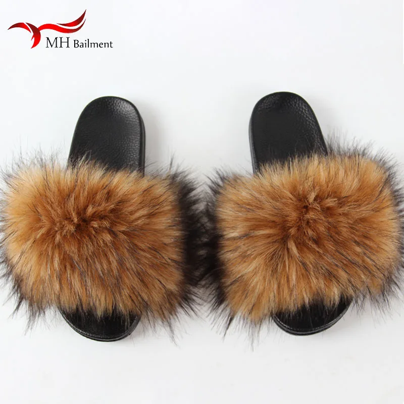 Fashion Summer Faux Fur Slippers Women Furry Slides Home Fluffy Flat House Floor Flip Flops Luxury Sandals Winter Warm Slippers