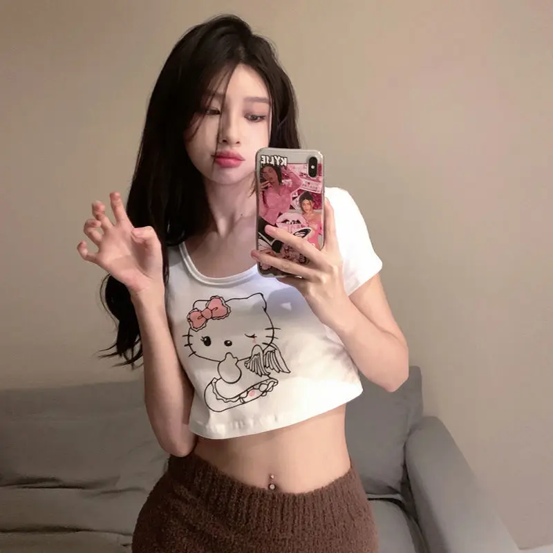 

Футболка женская короткая с U-образным вырезом, с высокой талией