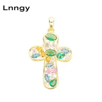 Lnngy Yellow Gold Cross Pendant 10K Solid Yellow Gold Colorful Cubic Zirconia Hip Hop Religious Baptism Jewelry for Men Women