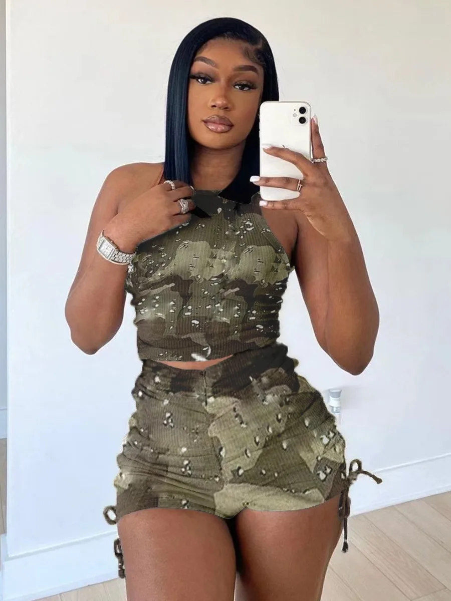 

LW Camo Print Rib Knit Drawstring Shorts Set Sexy Slim Camouflage Print Two Piece Set Summer Matching 2pcs Tracksuits