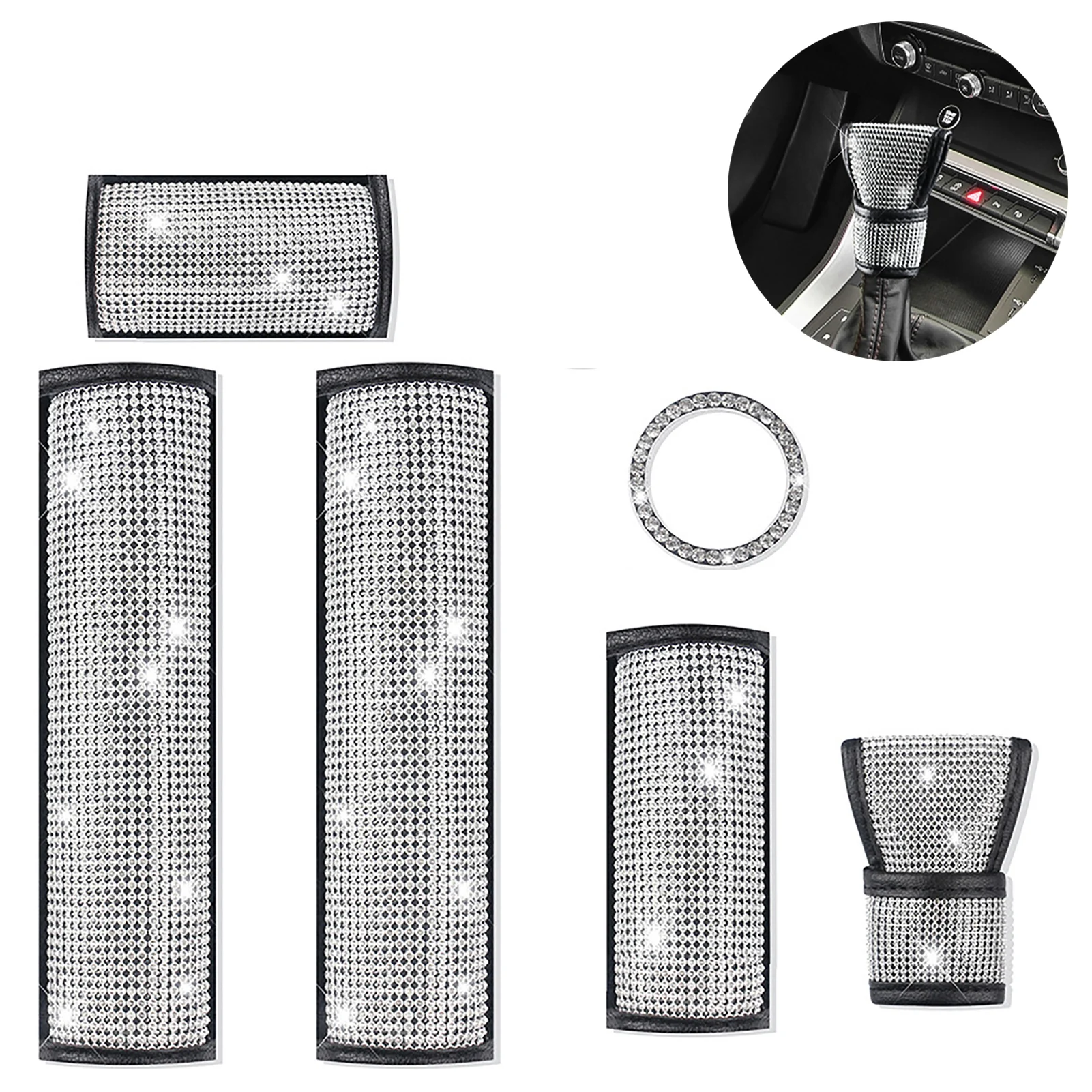 

6pcs Shiny Car Interior Decoration For Women Bling Rhinestone Kit Seat Belt Cover Handbrake Gear Shift Cover Auto Accessories