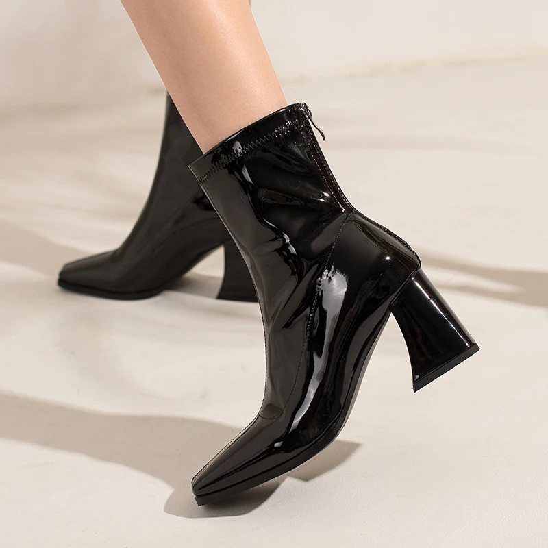 

2022 New Pointed Toe Ankle Boots for Women Fashion Patent Leather Botas Mujer Thick High Heels Winter Shoes Women Zapatos Mujer