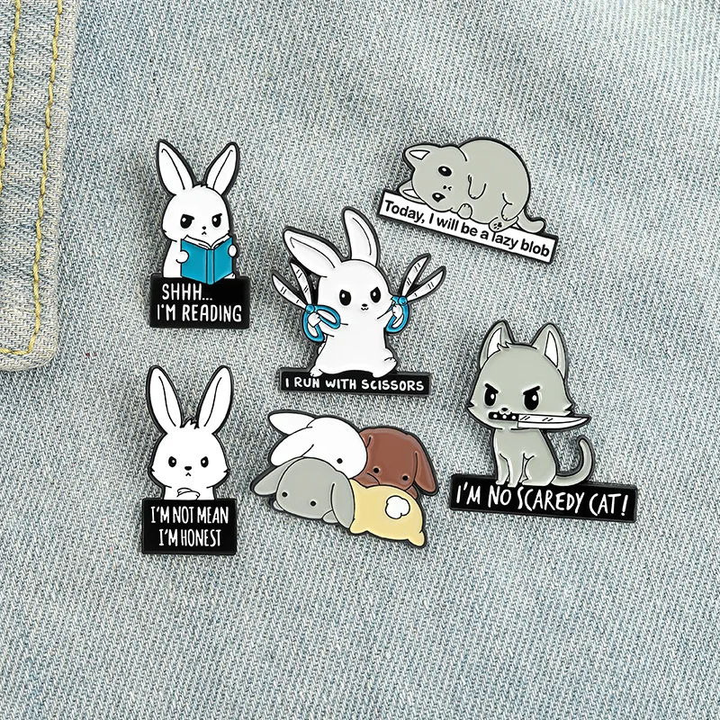 

Cute Little White Rabbit Hamster Brooches Inspirational Words Metal Enamel Pin Personality Animal Badge Gift for Women Men Kids