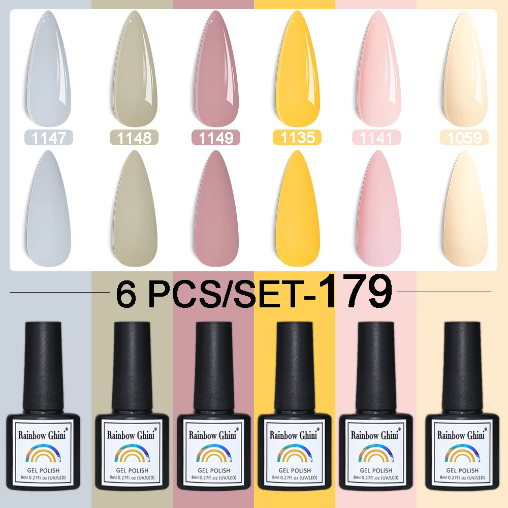 RG 6Pcs Set Nude Solid Color Nail Gel Polish Glitter Colourful Autumn Semi Permanent Art UV Varnish Supplies