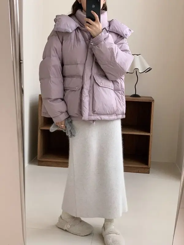 

Winter White Duck Down Jacket for Women's Top Retro Solid Color Hooded Standing Neck Loose Clothes F274