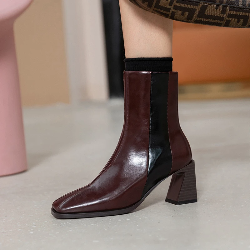 

2022 Autumn and winter shoes Women ankle boots natural leather 22-25cm cowhide modern boots square toe color block outdoor boots
