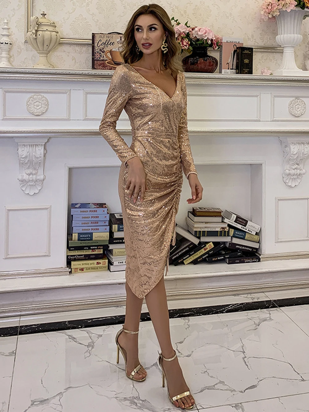 Sexy V Neck Drawstring Draped Evening Dress Gold Sequins Sparkly Prom Dresses Midi Long Sleeves Party Night Gowns Vestidos