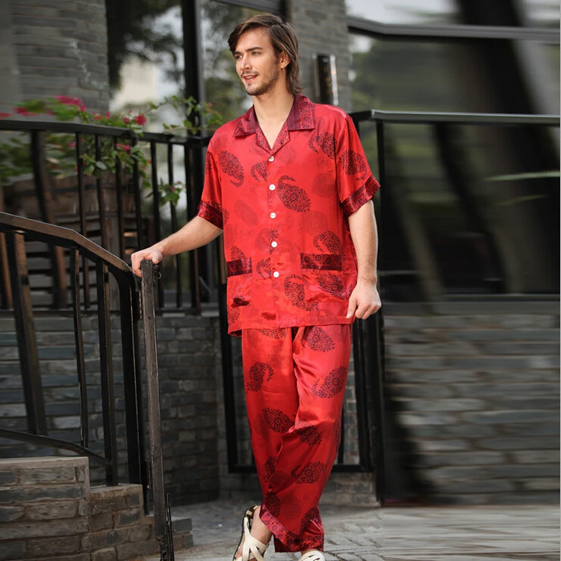 Mens Pajamas Satin Silk Sleepwear Short Sleeved Silk Pajama Set Male Home Clothes Drop Shipping