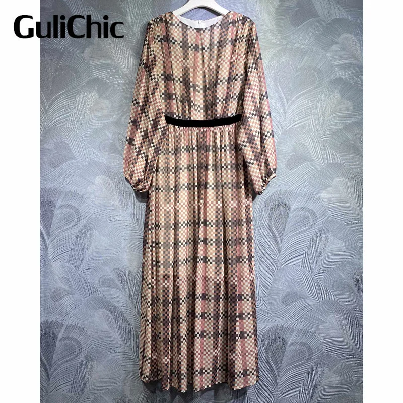 

10.9 GuliChic Women Fashion Crew Neck Collect Waist Contrast Color Plaid Print Loose Comfortable Long Dress
