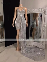 sexy backless silver short prom dresses 2022 black girls sequined with side train african formal evening for birthday party