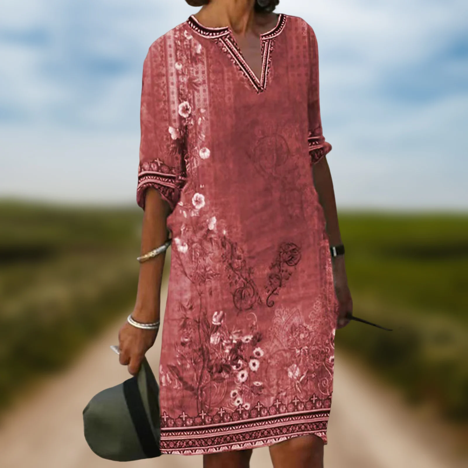 

Летнее женское платье в этническом стиле с принтом, платье с коротким рукавом и V-образным вырезом, модное Европейское элегантное дышащее пл...