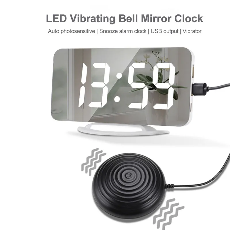 

Громкий вибрирующий будильник цифровые настольные часы для тяжелых сонников глухой Повтор USB светодиодный зеркальный будильник часы Регулируемая яркость