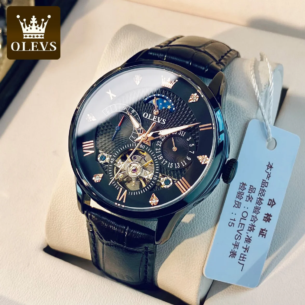 

OLEVS Men's Watches Business Skeleton Automatic Mechanical Wristwatch Waterproof Leather Calendar Date Watch for Man New Arrival
