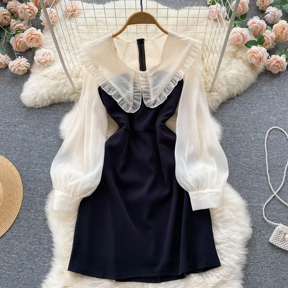 

Spring Summer New Fashion Women Korean Color Contrast Doll Neck Long Sleeve A-line Dress Vintage Elegant Clothes Vestidos E866