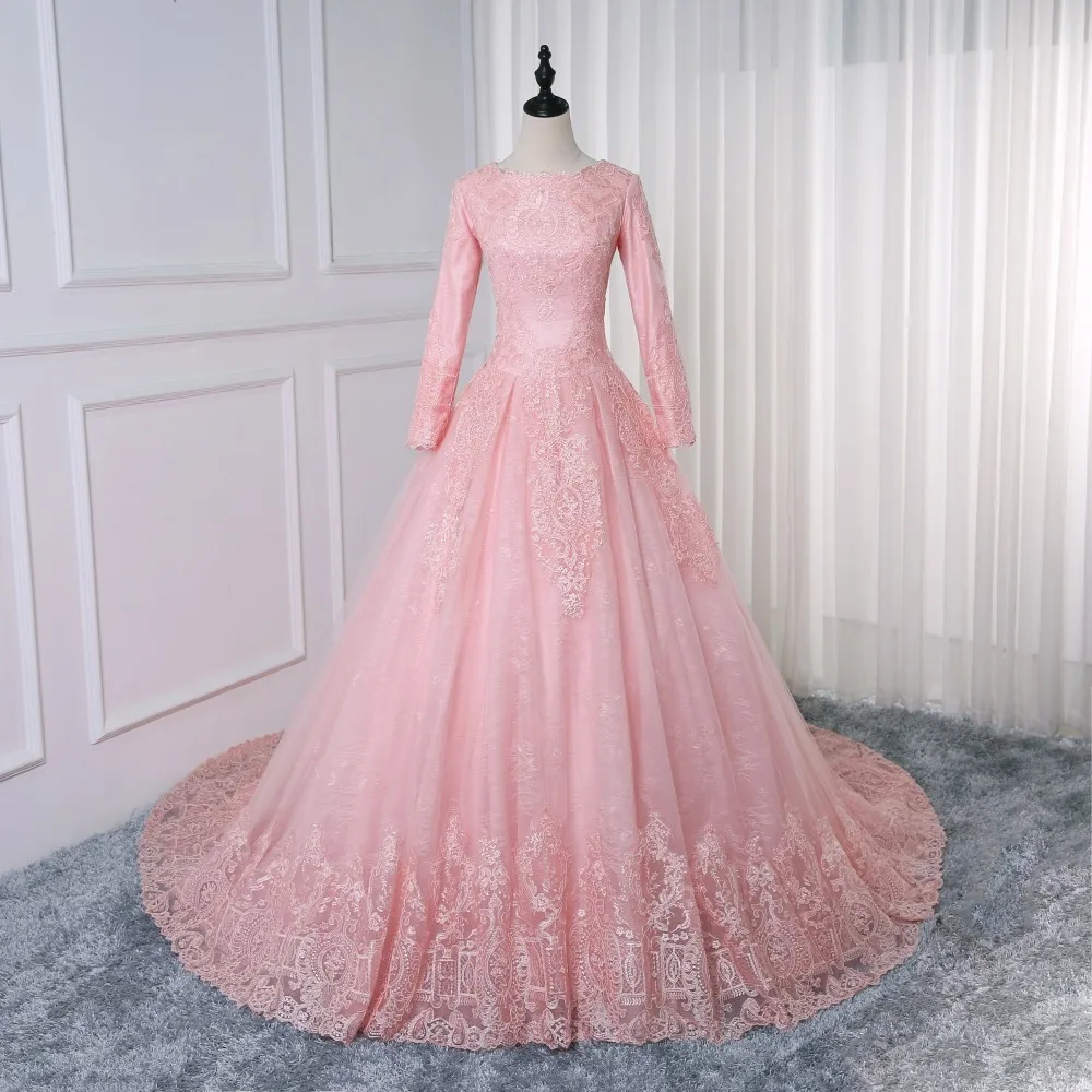 

Princess Muslim Wedding Dresses Pink Lace Bride Dresses Ball Gown Long Sleeve Vintage Hijab Wedding Dresses Vestidos De Noiva