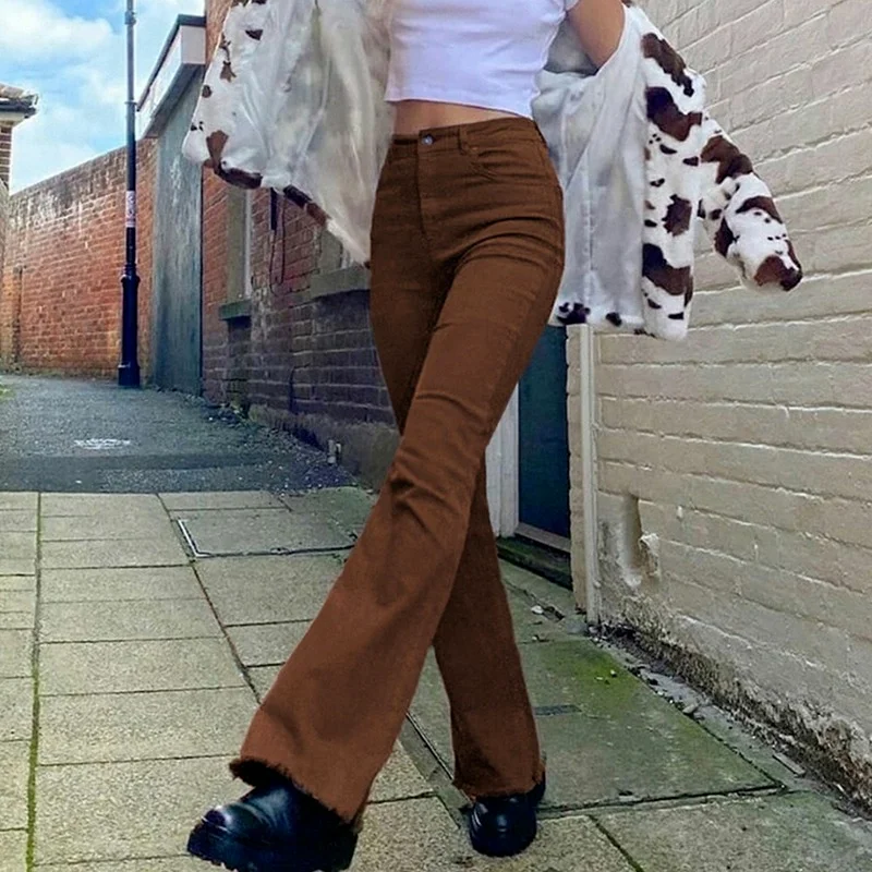 Women Fashion High Waist Slim Street Style Retro Flared Casual Jeans Khaki Black Brown Female Pants 2021 Classic Denim Trouser