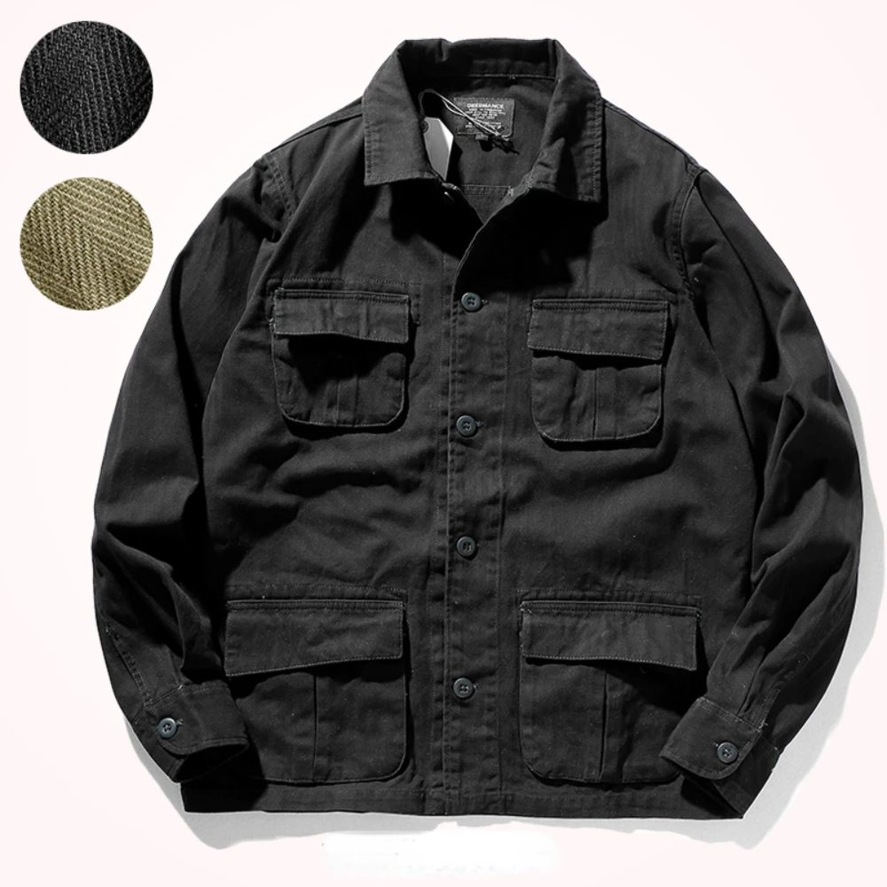 American jacket coat men's retro khaki fishbone woven military casual style outerwear jacket